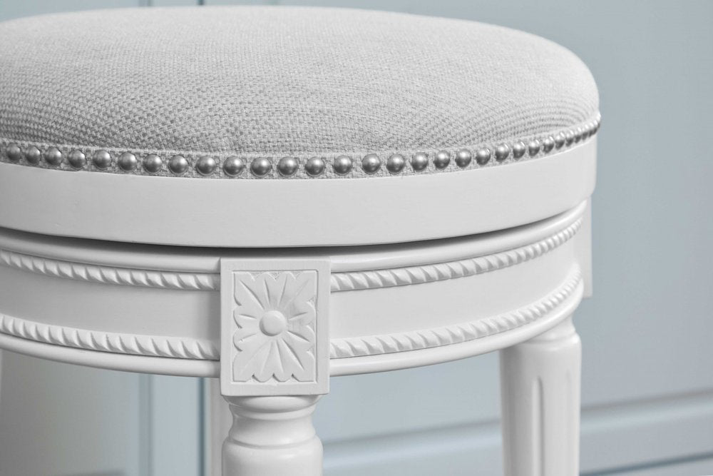 26" White Fabric And Solid Wood Backless Counter Height Swivel Bar Chair
