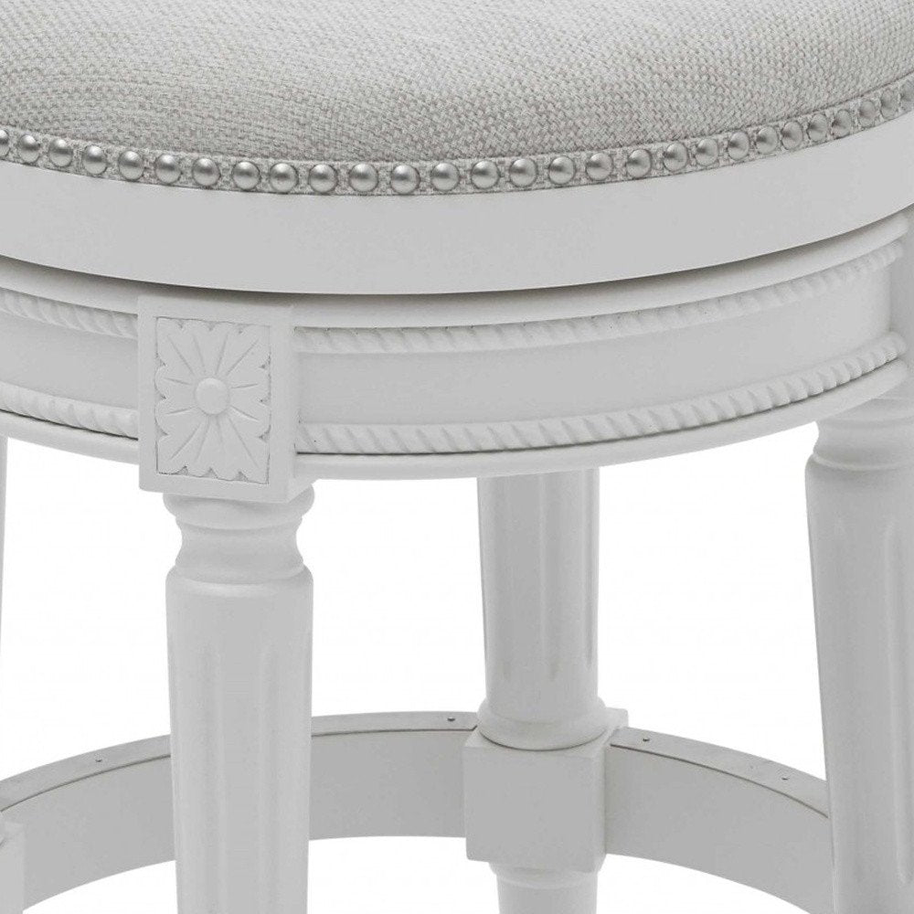 26" White Solid Wood and Fabric Backless Counter Height Swivel Bar Chair