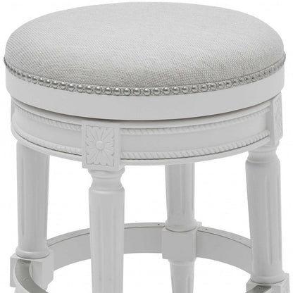26" White Solid Wood and Fabric Backless Counter Height Swivel Bar Chair