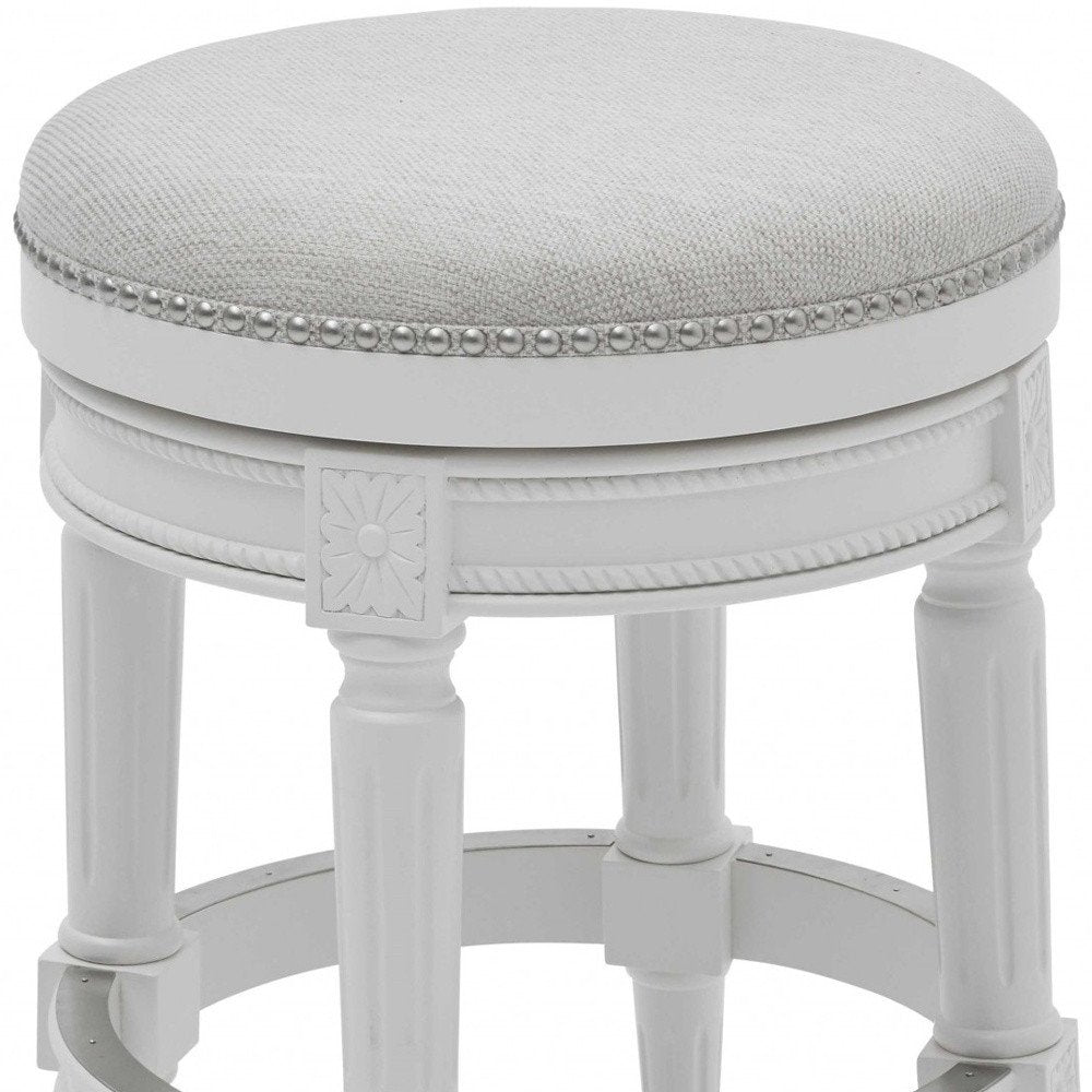 26" White Solid Wood and Fabric Backless Counter Height Swivel Bar Chair
