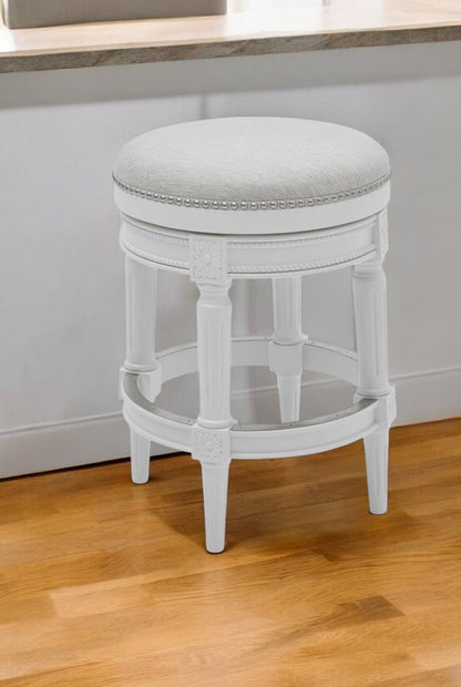 26" White Solid Wood and Fabric Backless Counter Height Swivel Bar Chair