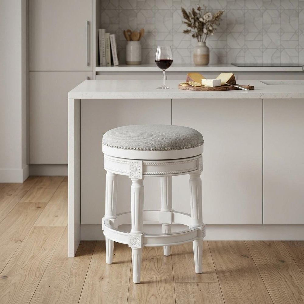 26" White Fabric And Solid Wood Backless Counter Height Swivel Bar Chair