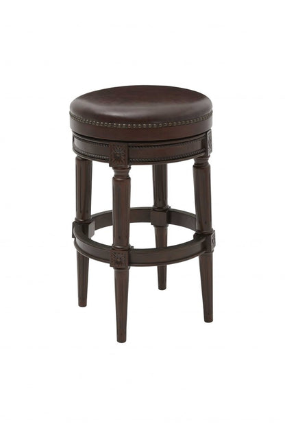 31" Brown Faux Leather And Solid Wood Backless Counter Height Swivel Bar Chair