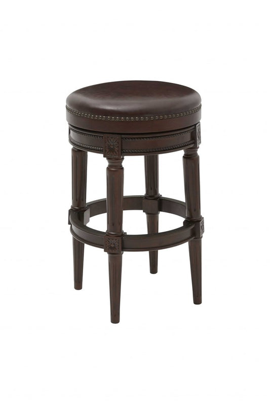 31" Brown Faux Leather And Solid Wood Backless Counter Height Swivel Bar Chair