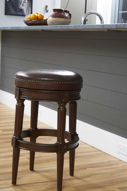 31" Brown Faux Leather and Solid Wood Backless Counter Height Swivel Bar Chair