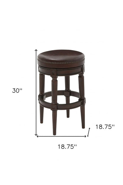 31" Brown Faux Leather And Solid Wood Backless Counter Height Swivel Bar Chair