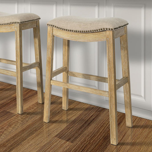 31" Linen And Natural Fabric And Solid Wood Backless Bar Height Bar Chair