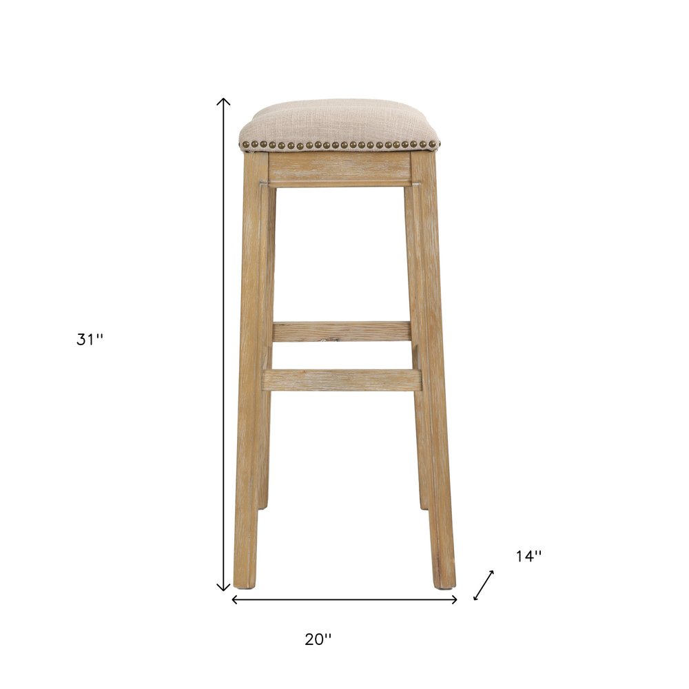 31" Linen And Natural Fabric And Solid Wood Backless Bar Height Bar Chair