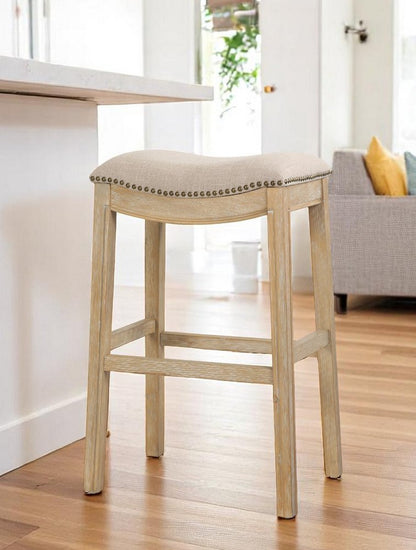 31" Linen And Natural Fabric And Solid Wood Backless Bar Height Bar Chair