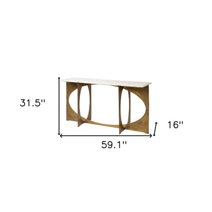 59" White and Gold Genuine Marble and Metal Geo Base Console Table