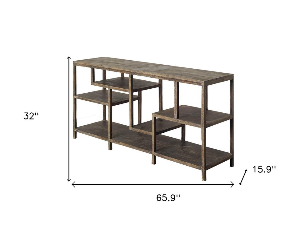66" Brown Solid Wood Frame Console Table Five Shelves