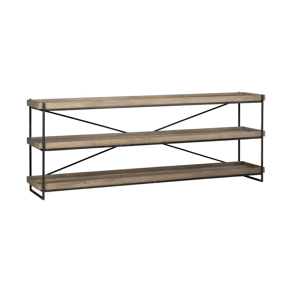 80" Light Brown and Black Solid Wood and Iron Console Table With Two Shelves