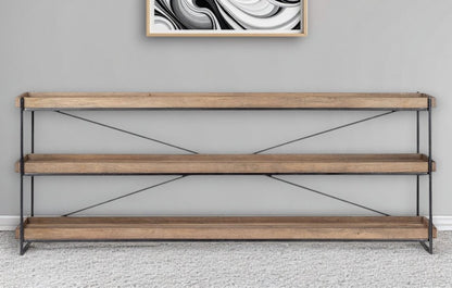 80" Light Brown and Black Solid Wood and Iron Console Table With Two Shelves