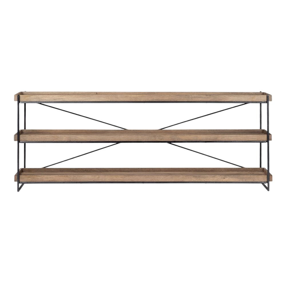 80" Light Brown and Black Solid Wood and Iron Console Table With Two Shelves