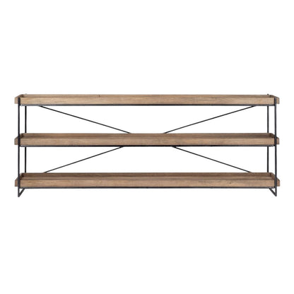 80" Light Brown and Black Solid Wood and Iron Console Table With Two Shelves