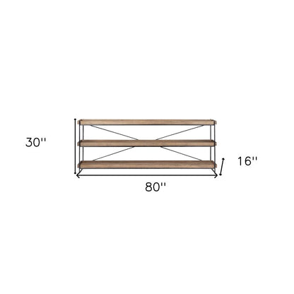 80" Light Brown and Black Solid Wood and Iron Console Table With Two Shelves