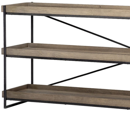 80" Light Brown and Black Solid Wood and Iron Console Table With Two Shelves