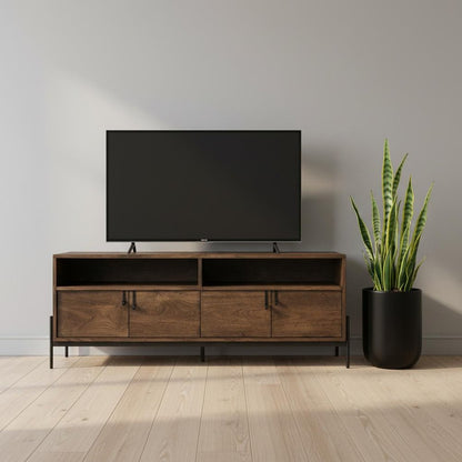 62" Brown and Black Solid Wood Cabinet Enclosed Storage TV Stand