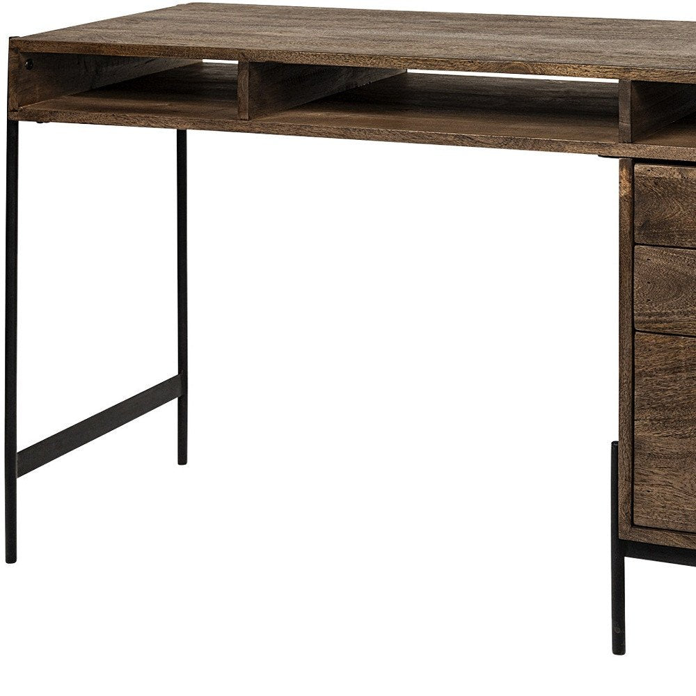 56" Medium Brown Wooden Writing Desk With 3 Drawers And 3 Open Shelves