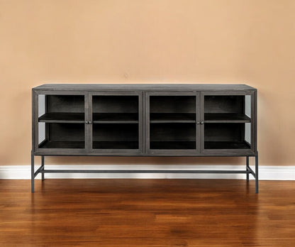 70" Black Solid Wood Sideboard with Four Glass Doors