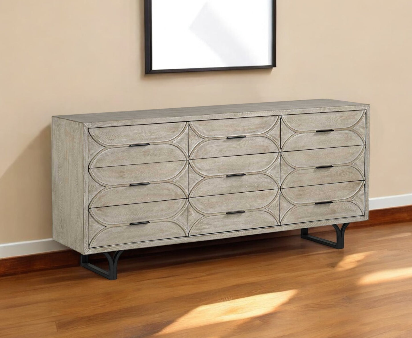 70" Light Brown Solid Wood Nine Drawer Sideboard