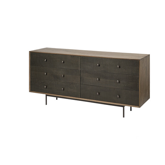 70" Brown and Black Solid Wood Six Drawer Sideboard