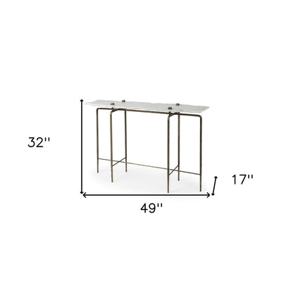 49" White and Brass Genuine Marble and Iron Distressed Six Leg Console Table