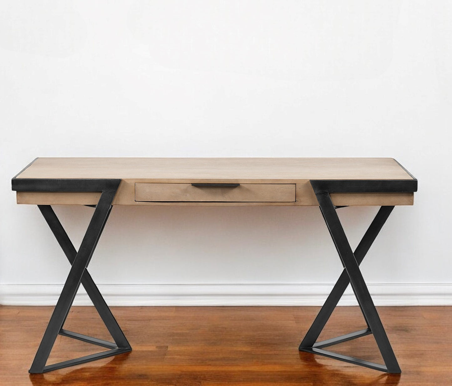 Solid Mango Wood Finish Writing Desk With Single Storage And Black Triangular Iron Legs