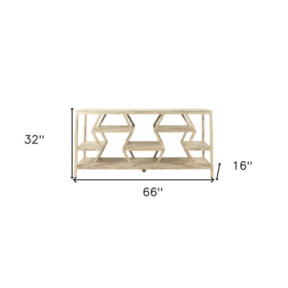 66" Light Brown Solid Wood Console Table Geometric Shelves
