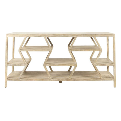 66" Light Brown Solid Wood Console Table Geometric Shelves