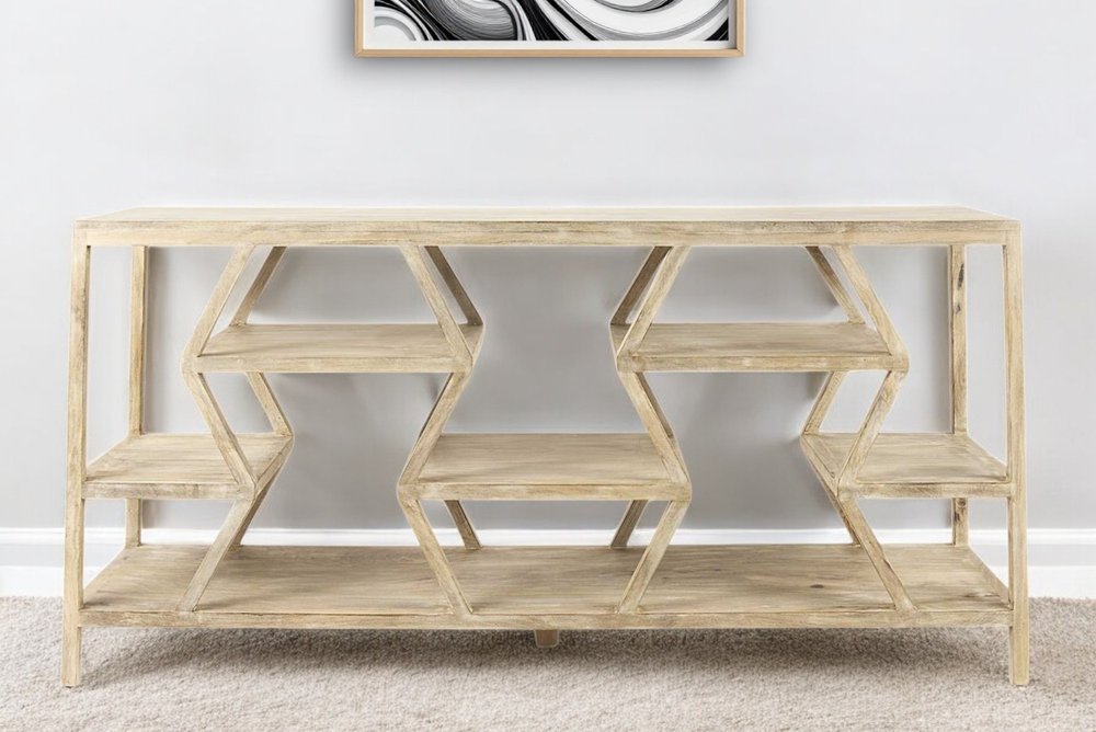 66" Light Brown Solid Wood Console Table Geometric Shelves