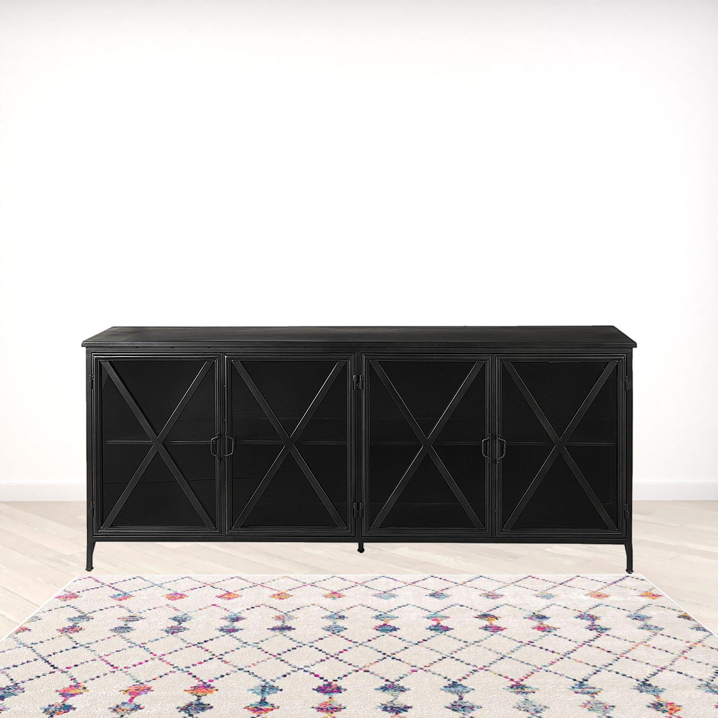 16" Black Iron Sideboard with Four Glass Doors