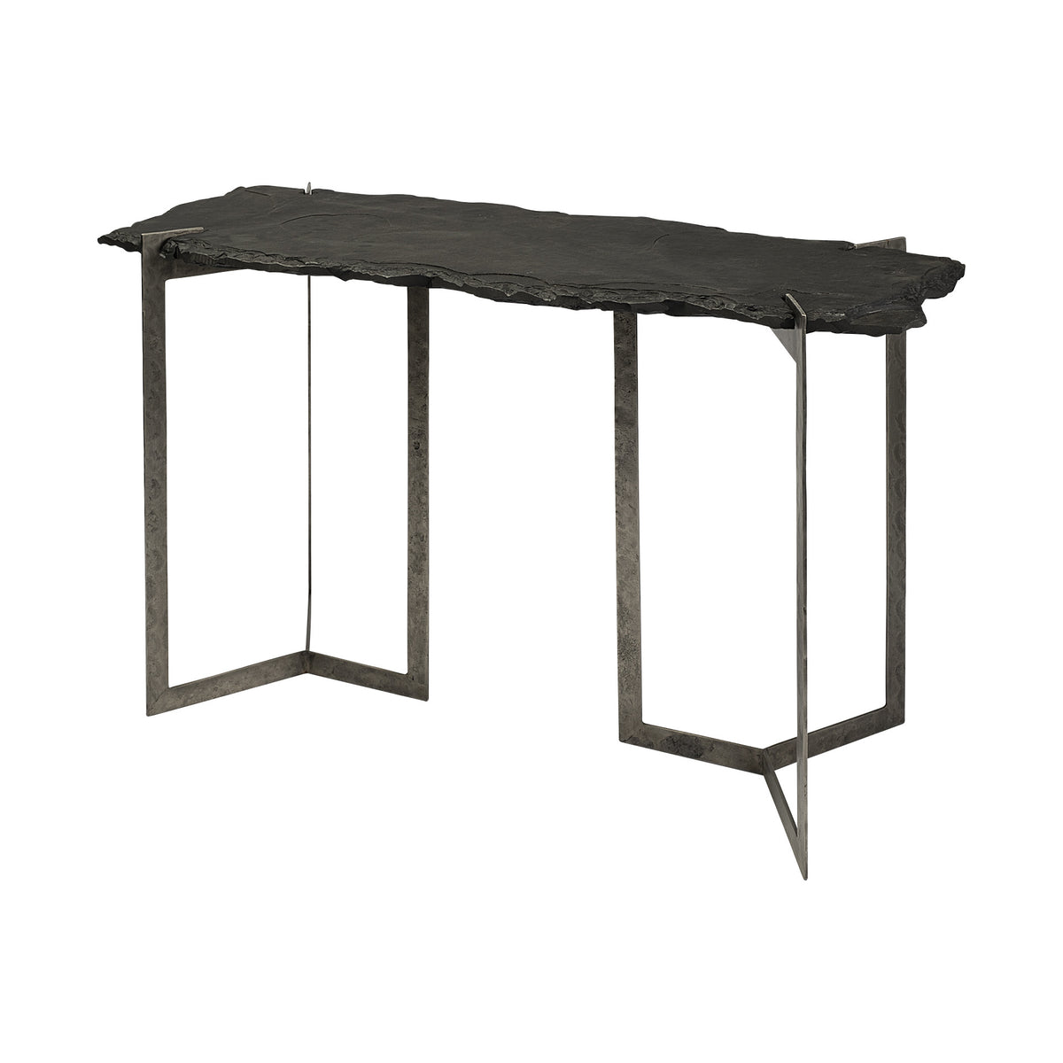 50" Black and Nickel Slate and Iron Distressed Double Pedestal Console Table