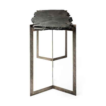 20" Black and Nickel Slate Distressed Double Pedestal Console Table