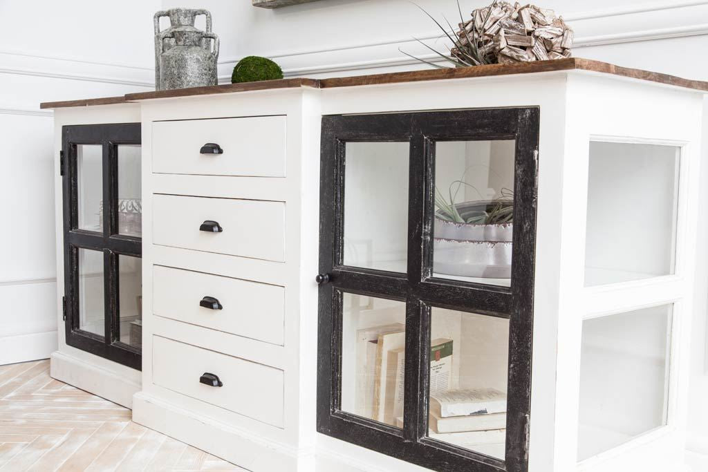 75" Brown and White Solid Wood Four Drawer Sideboard with Two Glass Doors