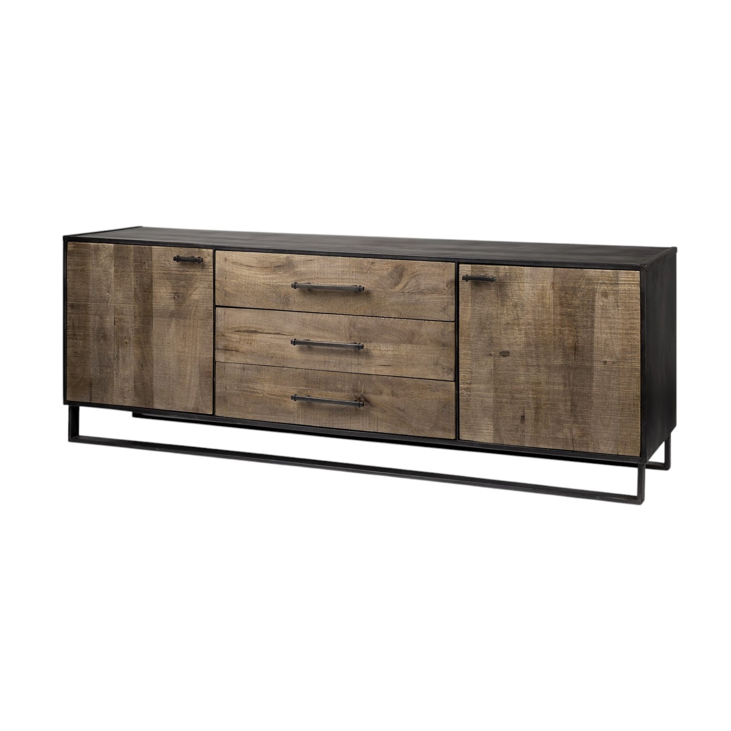 82" Brown and Black Solid Wood Three Drawer Sideboard with Two Doors