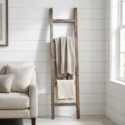 5 Step Rustic Espresso Gray Wood Ladder Shelf