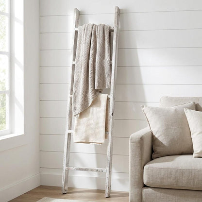 60" White Rustic Four Step Wood Ladder Shelf
