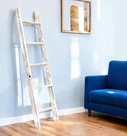 60" White Rustic Four Step Wood Ladder Shelf