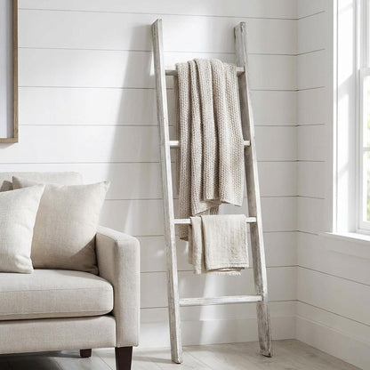 49" Whitewash Rustic Four Step Wood Ladder Shelf