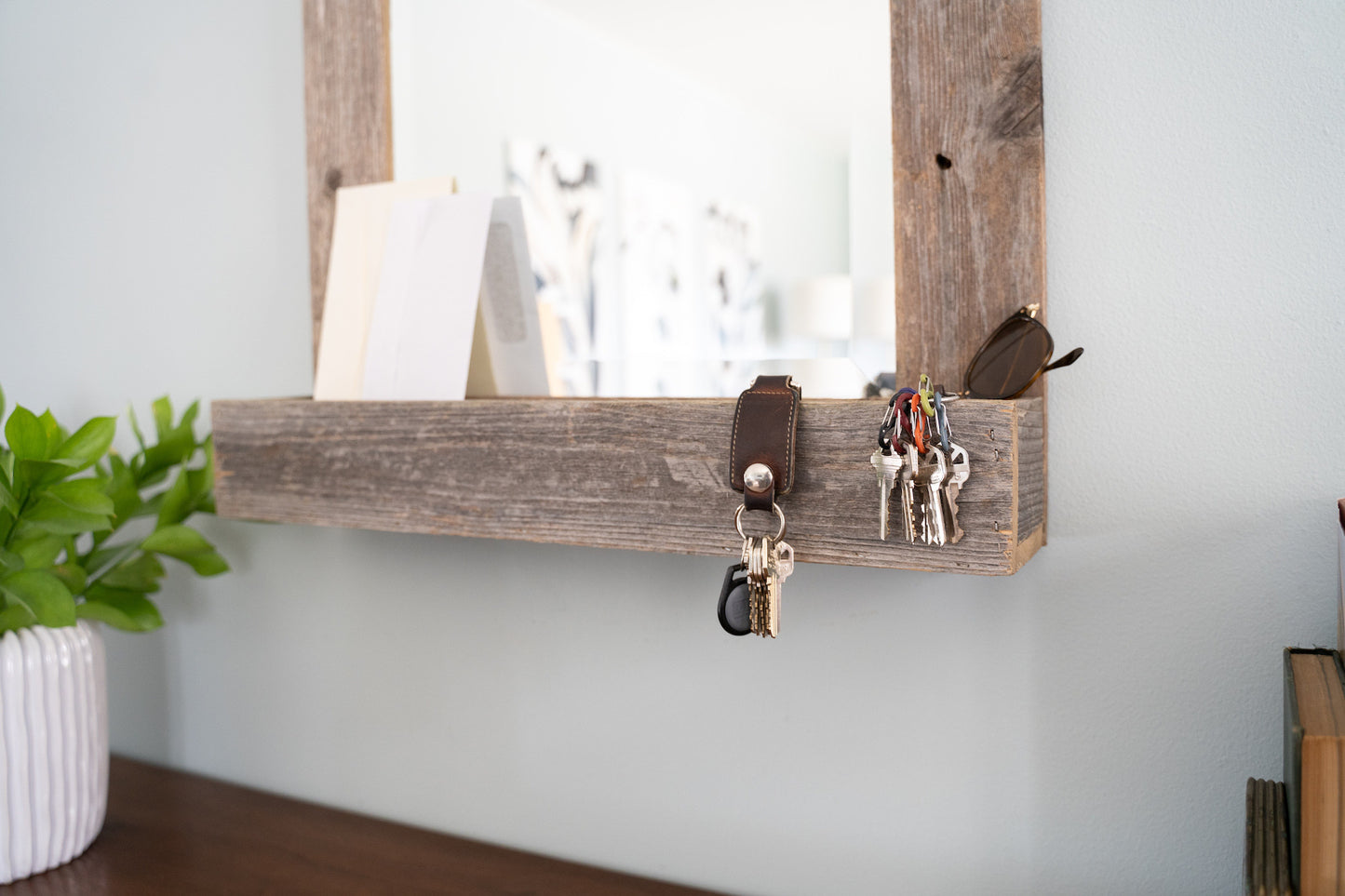 Rustic Weathered Gray Reclaimed Wood Plank Mirror With Shelf