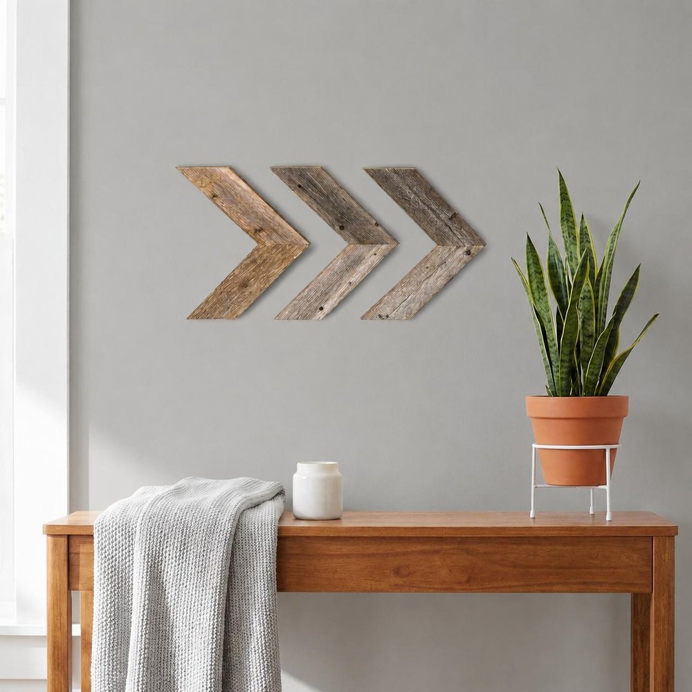 Set of Three Gray Distressed Wood Hanging Arrow Dimensional Sculptures