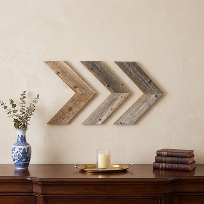 Set of Three Gray Distressed Wood Hanging Arrow Dimensional Sculptures