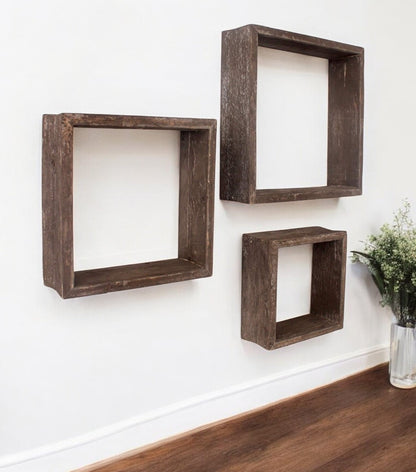 Set of Three Espresso Wood Square Hanging Dimensional Sculpture