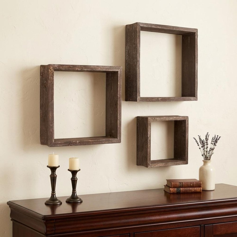 Set of Three Espresso Wood Square Hanging Dimensional Sculpture
