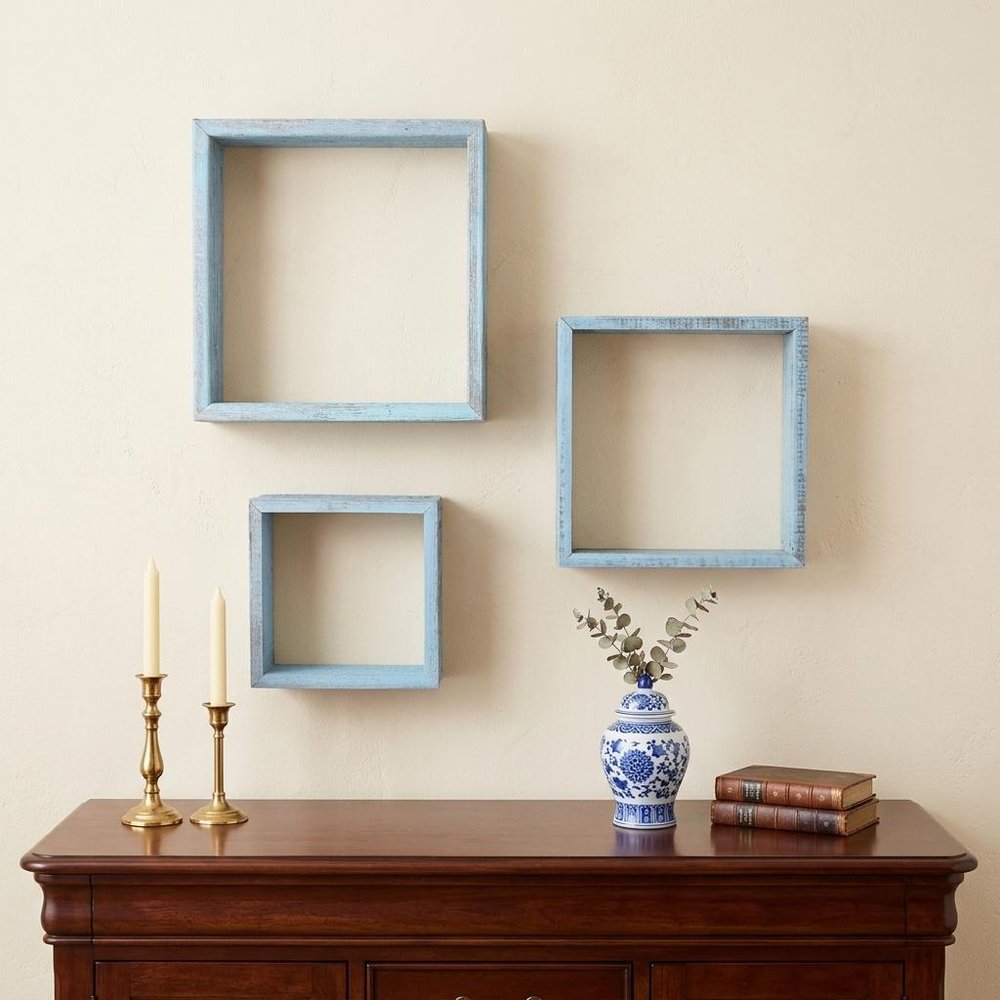 Set Of 3 Square Robins Egg Blue Reclaimed Wood Open Box Shelve