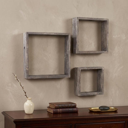 Set of Three Smoky Black Wood Square Hanging Dimensional Sculpture