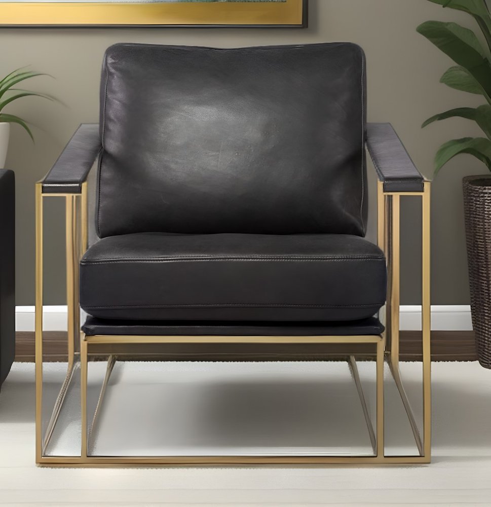 34" Black and Gold Faux Leather Lounge Chair