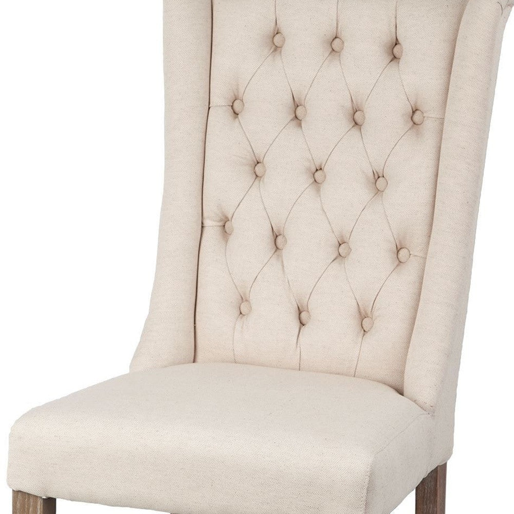 Tufted Cream And Brown Upholstered Linen Wing Back Dining Side Chair