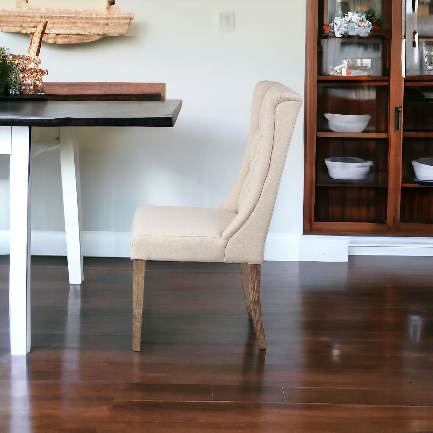 Tufted Cream And Brown Upholstered Linen Wing Back Dining Side Chair